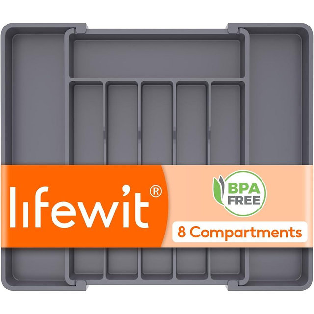 Lifewit Silverware Drawer Organizer, Expandable Utensil Tray for Kitchen, BPA Free Flatware and Cutlery Holder, Adjustable Plastic Storage for Spoons Forks Knives, 10.9"-17.5" x 13.7", Dark Grey