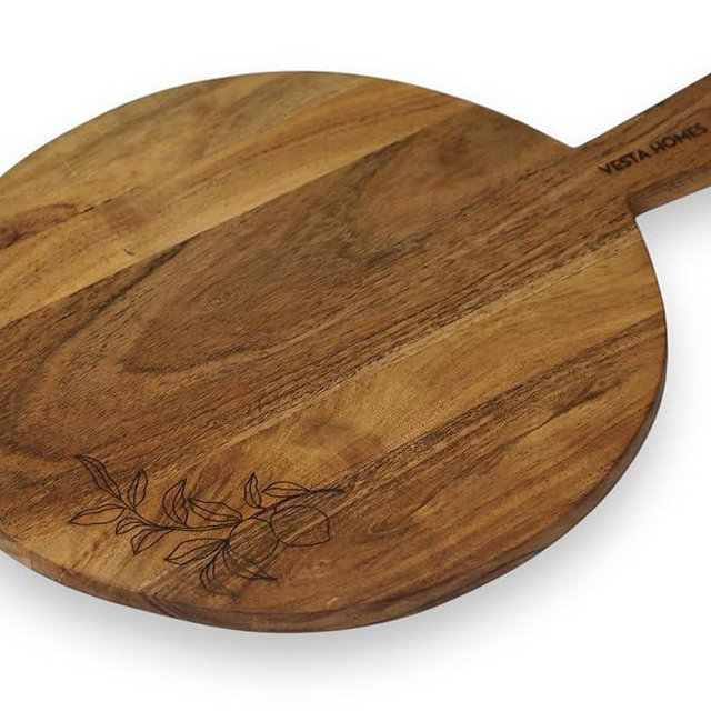 Vesta Homes Wooden Round Cutting Board | 17.5 * 13 Inches | Chopping Board/Serving Board, Platter for Pizza, Vegetables, Fruits and Cheese | Natural Acacia Wood | Handcrafted in India