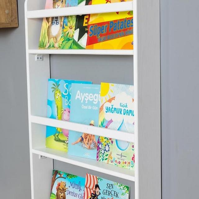 Handmade Solidwood Wall Mounted Montessori Kids Bookshelf, 4 Tier Book Display for Children Bedroom, Nursery Furniture Bookcase, Solid Wood Pine Tree Book Organiser for Living Room (White)
