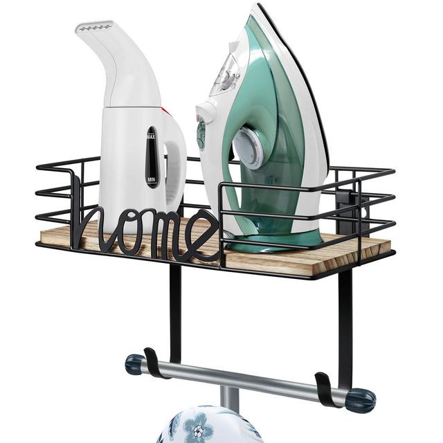 TJ.MOREE Ironing Board Hanger - Laundry Room Iron and Ironing Board Holder, Metal Wall Mount with Large Storage Wooden Base Basket and Removable Hooks (Black)