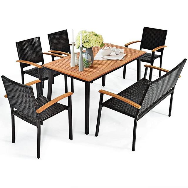 Tangkula 6 Piece Patio Dining Set, Outdoor Acacia Wood Dining Furniture w/Acacia Wood Table Top, Modern Conversation Set w/ 4 Rattan Chairs & 1 Rattan Bench for Backyard Garden Poolside Lawn