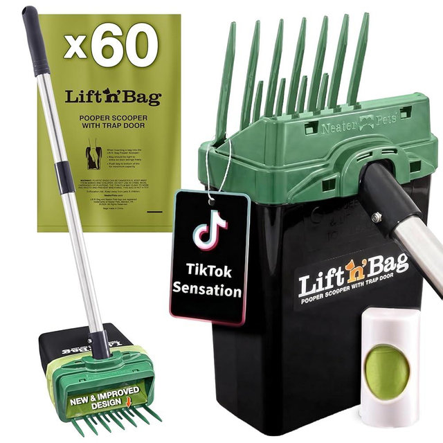 Neater Pet Brands Lift N’ Bag 2.0 Dog Pooper Scooper with Bag Attachment & 22" Pole for Small to Large Dogs, New & Improved Design, 60 Refill Bags, Heavy Duty Dog Poop Scooper for Yard, One-Hand Use