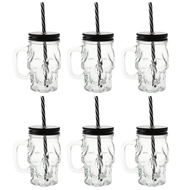 TOPZEA 6 Pack Glass Mason Drinking Jars with Handle, 12 Oz Skull Beer Mugs Wide Mouth Tumbler Cup with Straws, Pub Bar Drinking Mugs for Beverage, Liquor, Cold Drinks
