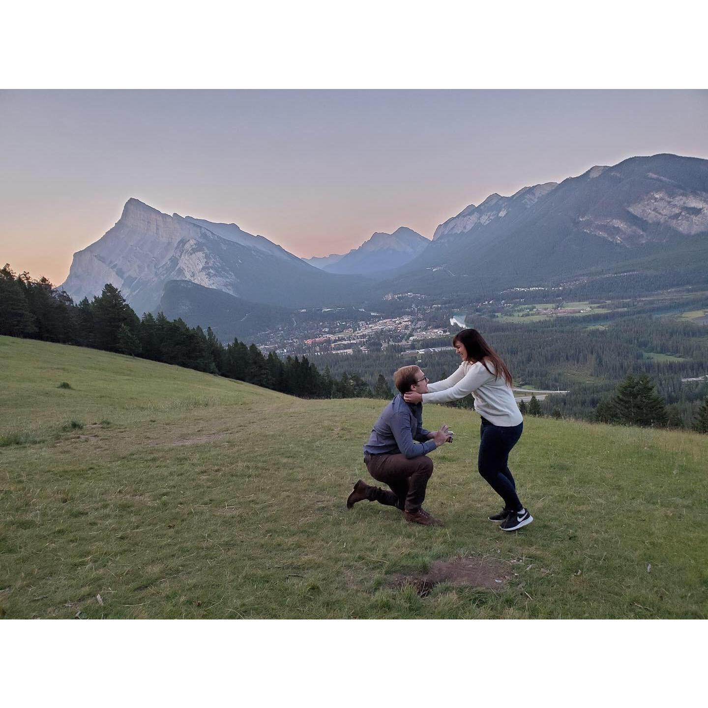 Brian proposed at sunrise on a hilltop in Banff, one of the most beautiful places we’ve ever been