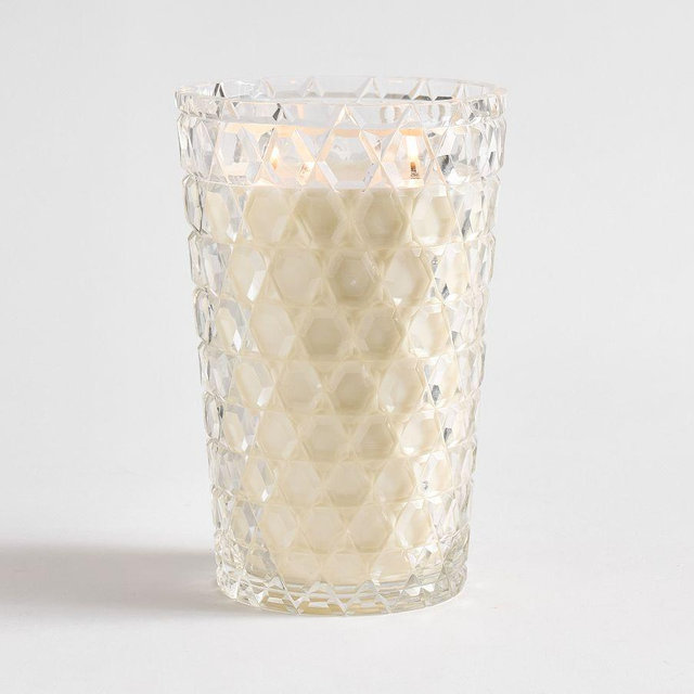Deep Cut Glass Candle, Clear/White, Large 6X8.85"