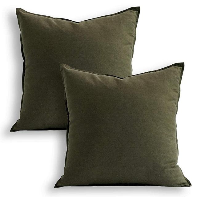 18"x18" Solid Cotton Linen Decoration Green Throw Pillow Case with Zipper Euro Sham Cushion Case Cool Pillow Cover Delicate Decorative Pillowcase for Chair/Bed/Couch, (45 x 45cm),2 Packs, Olive Green