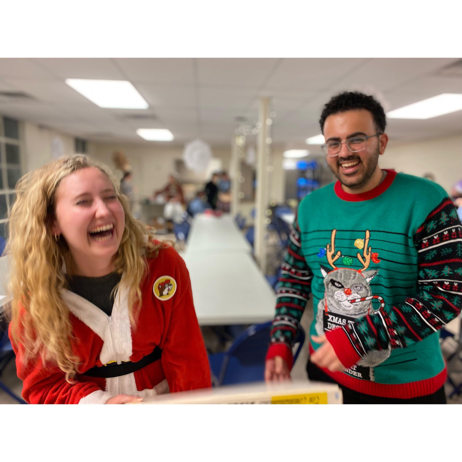 first picture!! At a Christmas party (notice the buc-ee's suit)