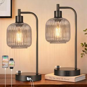 Table Lamp for Bedroom Set of 2, Grey Glass Beside Lamp