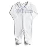 White All-In-One with Blue Handsmocked Embroidery