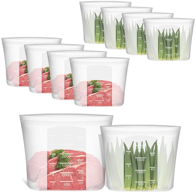 Reusable Storage Bags, Set of 2 Large Sizes, 8 Pack 100% Silicone Food Storage Bags Stand Up Zip Lock Bag for Food, Freezer Microwave Oven Dishwasher Safe, 4 XL-4/5 Gallon, 4 L-1/2 Gallon, Translucent