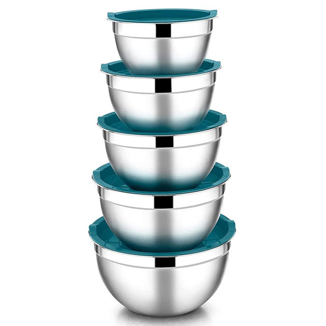 Mixing Bowls with Teal Blue Lids Set of 5, E-far Stainless Steel Mixing Bowls Metal Nesting Bowls with Airtight Covers for Cooking, Baking, Serving, Storage - Size 0.7/1/1.5/3/4.5QT - Dishwasher Safe