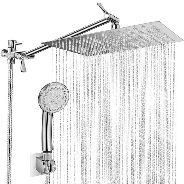 12 Inch Rain Shower Head with Handheld Spray, Anti Leak Dual Square Rainfall Shower Heads with Adjustable 13.5'' Extension Arm, Bathroom High Pressure Hand-held Showerhead with Hose and Holder