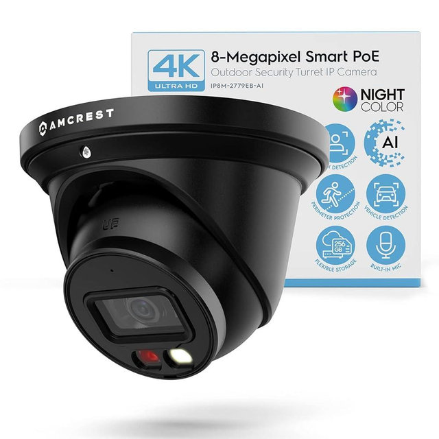 Amcrest 4K Night Color AI Turret IP PoE Camera 49ft Full Color Nightvision, Security IP Camera, Built-in Microphone, Human Detection, Perimeter Protection, 129° FOV, 4K@15fps IP8M-2779EB-AI (Black)
