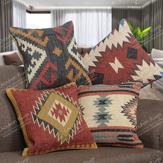 Chouhan Rugs 4 PCS Set of Indian Kilim Cushion Cover 18X18 Pillows Boho Ethnic Shams Jute Pillow Cases Rug Boho Shams