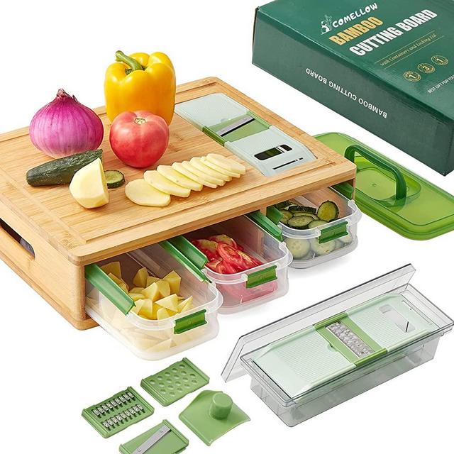COMELLOW Bamboo Cutting Board with Containers , Large Wood Cutting Board with Stackable Containers and Locking Lid, Chopping Board with Built-in Graters