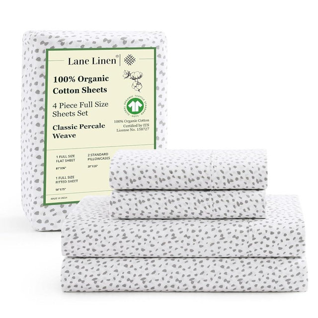 LANE LINEN 100% Organic Cotton Printed Full Size Sheet & Pillowcase Sets, 15" Deep Pocket Fully Elasticized Soft & Comfy Percale Bedding, Eco Friendly Cotton Sheets Full- Haze Grey