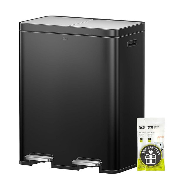 EKO Edison 8+8 Gallon Dual Trash Can for Recycling and Trash, Stainless Steel Kitchen Step Can with Dual Removable Inner Bucket, Independent Lids and Pedals, Black