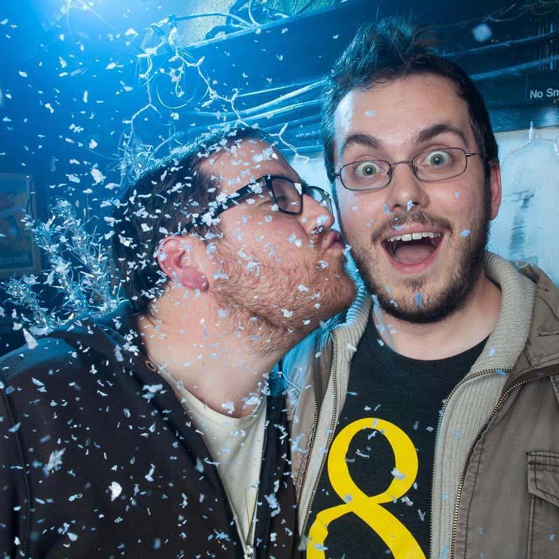 Getting our mosh pit on at a holiday edition of Debaser, the dance party we met a year before this photo.