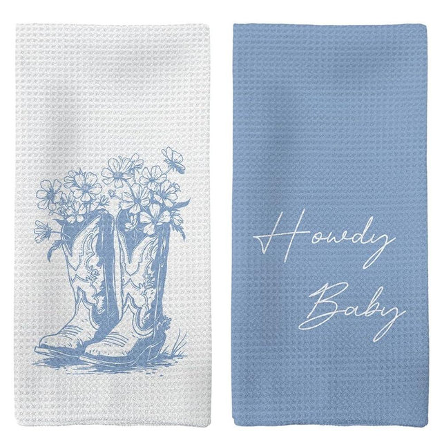 Tzhim Western Kitchen Towels, Preppy Cowboy Hand Towels, Black Cowgirls Boots Floral Rodeo Dishcloths Tea Towel for Kitchen, Vintage Retro Howdy Baby KitchenBathroom Decor Set of 2, 16x24in(Blue)