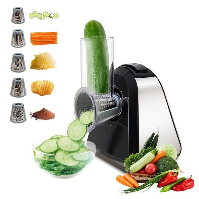 mokero 5 in 1 Electric Cheese Grater Salad Shooter Maker for Home Kitchen Electric Food Slicer Shredder Chopper Automatic Grater for Vegetables Cucumber Carrots Cabbage Nuts