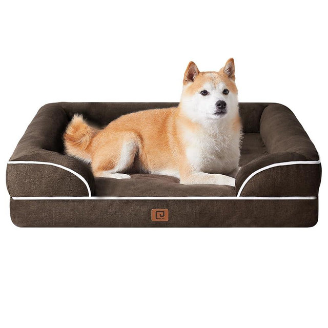 EHEYCIGA Orthopedic Dog Beds for Large Dogs, Waterproof Memory Foam Large Dog Bed with Sides, Non-Slip Bottom and Egg-Crate Foam Pet Couch Bed with Washable Removable Cover, Brown