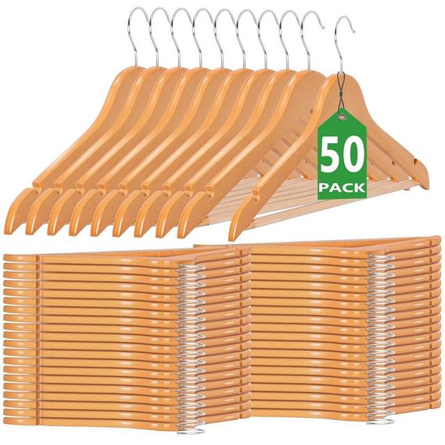 Romswi 50pcs Premium Wooden Hangers, 360-Degree Swivel Hooks, Anti-Warp, Non-Slip Shoulder Groove Design - Wood Clothes Hangers for Coat, Pants, Skirt, Suit