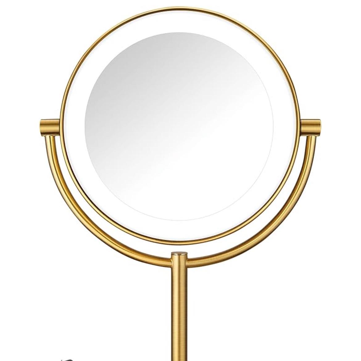 Conair Lighted Makeup Mirror, Double-Sided LED Vanity Mirror with 1X/10X Magnification, 3 Light Settings, 3 Modes, 360° Rotation, Brushed Brass Finish