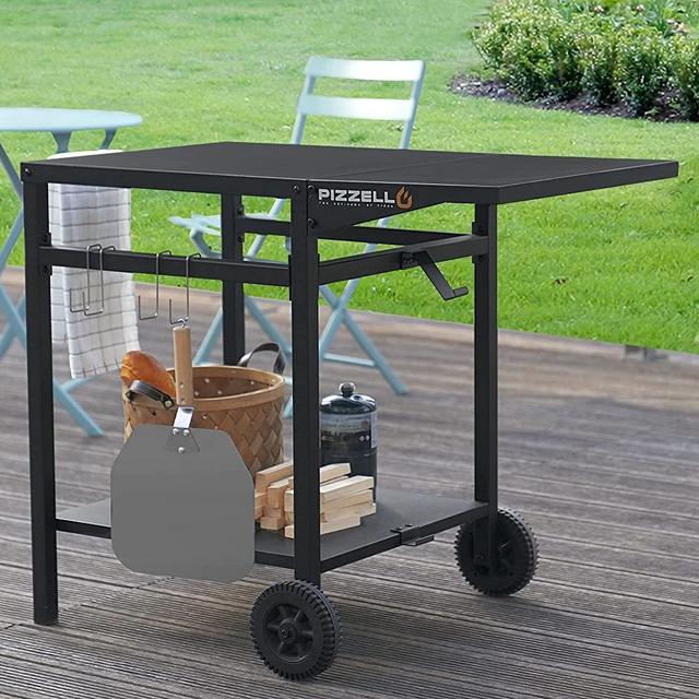 Pizzello Outdoor Grill Carts Double-Shelf Pizza Oven Trolley Movable Kitchen Island Foldable Countertop Outdoor Worktable Bar Cart with 2 Wheels