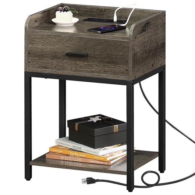 Lerliuo Nightstand with Charging Station and USB Ports, Oak Grey Night Stand with Storage Drawers, 3-Tier Small End Side Table with Wood Shelf, Modern Bedside Nightstands for Bedroom