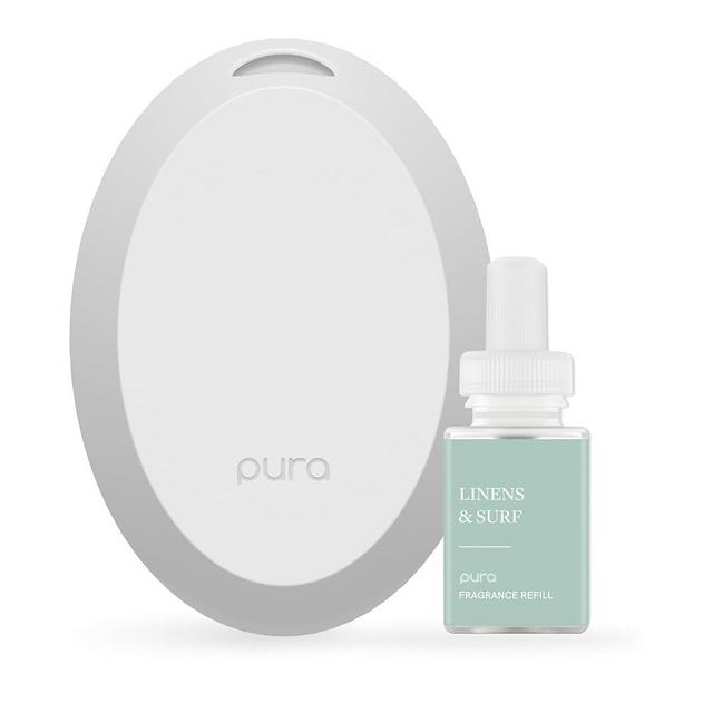 Pura Mini Smart Fragrance Diffuser for Small Spaces Adjustable Smart Home Device with LED Light & Automatic Vial Detection - Includes 1 Scent Refill; Linens & Surf