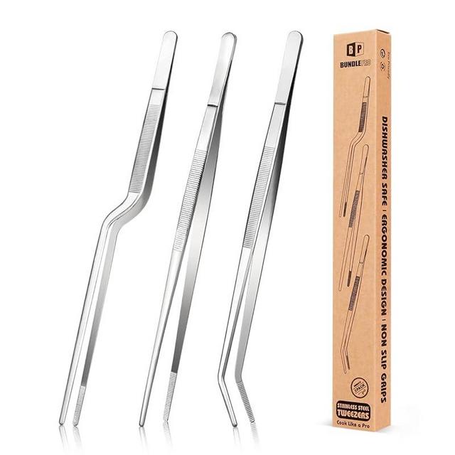 Fine Cooking Tweezers Set, Professional Stainless Steel Food Tongs, Kitchen Black Long Chef Tweezer for Cooking, Plating, Decorating and BBQ (SILVER, 10 inch)