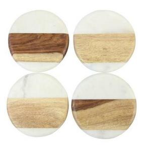 marble and wood round coaster set