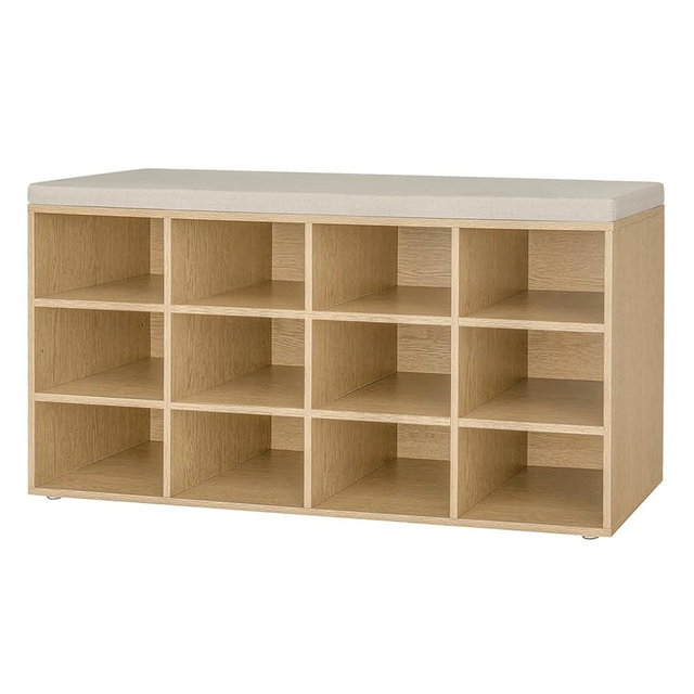 DINZI LVJ Shoe Storage Bench with Cushion, 12-Cubby Shoe Rack, Adjustable Shelves, 40.9" Long Shoe Organizer Bench for Entryway, Mudroom, Hallway, Garage, Natural and Cappuccino Beige