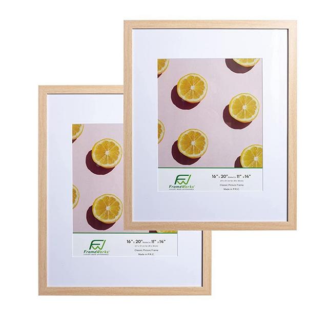 FrameWorks 16x20" mat to 11x14" Classic Wooden Picture Frames Tempered Glass / Natural Oak / 2-Pack