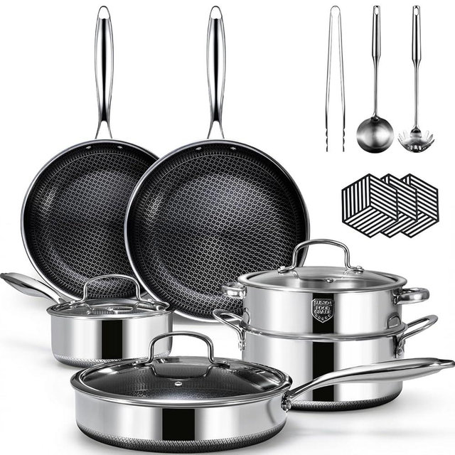 USELUCK 15 Piece Pots and Pans Set, Nonstick Tri-Ply Stainless Steel Cookware Set, Oven Safe, PFOA/PTFE Free, Dishwasher Safe, Compatible with All Cooktops