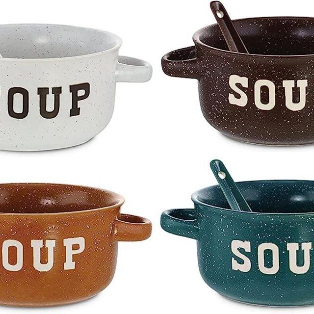 ZENVY Set of 4 Speckled Ceramic Soup Bowls With Spoons - 22 Ounce Ceramic Bowls