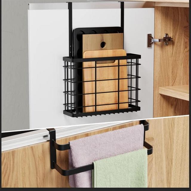 LIVOD Cabinet Door Organizer, Over The Cabinet Door Organizer with Double Towel Bars, Cutting Board Organizer with Towel Holder, Kitchen Cabinet Organier for Pantry, Baking Sheet, Plastic Wrap, Black