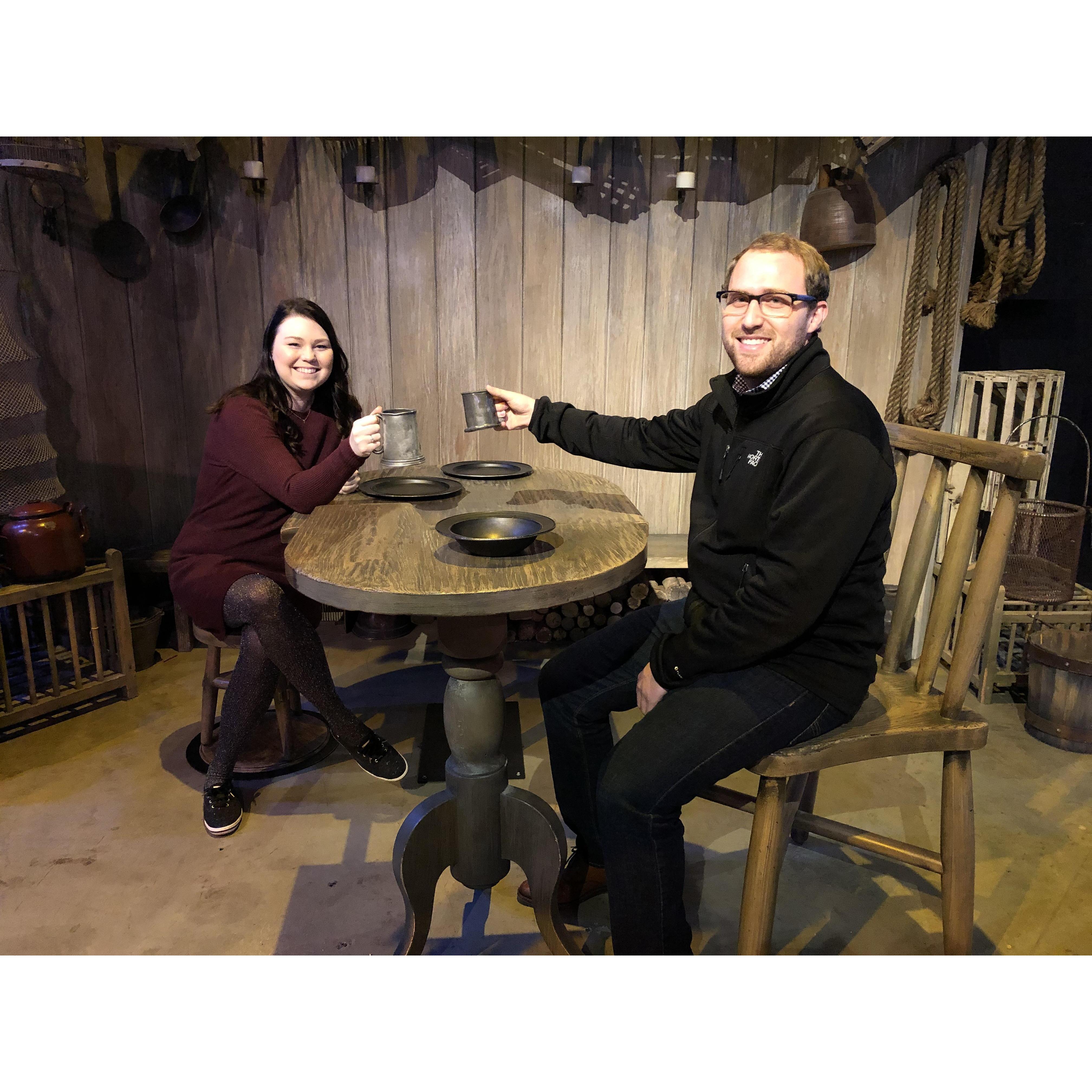 Clinking our glasses of Butterbeer on the Harry Potter set in England!
