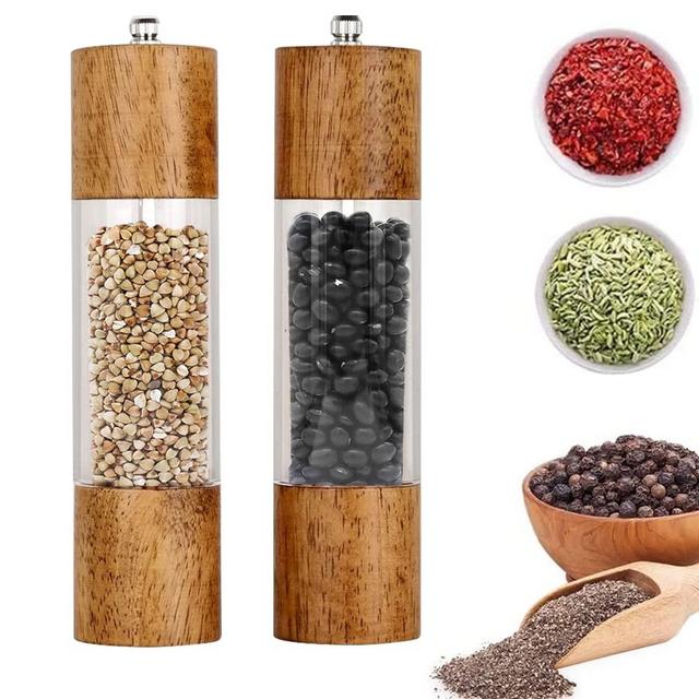 Salt and Pepper Grinder Set, 2 Pcs 8 In Pepper Grinder, Manual Pepper Mill with Adjustable Ceramic Core, Salt Grinder-Premium Acrylic and Wooden Material with Large Visible Window and High-Capacity