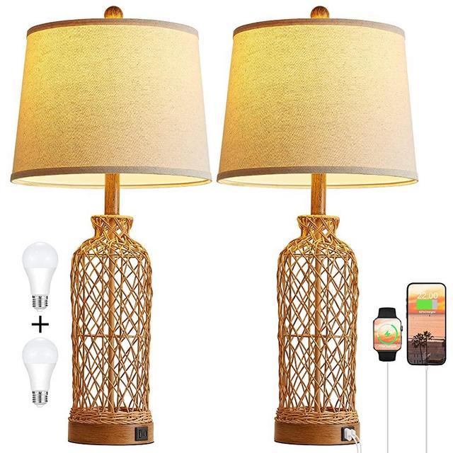 Rattan Table Lamps for Bedroom Set of 2, 3 Way Dimmable Bedside Lamps with USB and Type C Charging Ports, Farmhouse Nightstand Lamps for Living Room, Office, Hotel (Bulbs Included)
