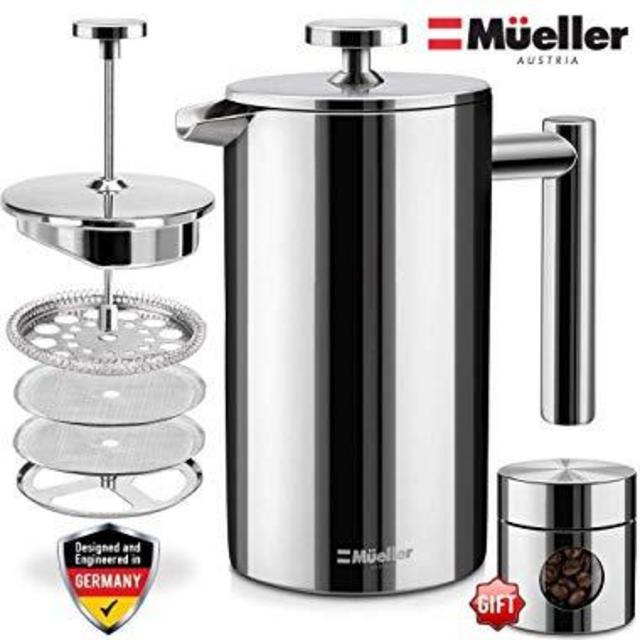 Mueller French Press Double-Wall Stainless Steel Mirror Finish 20% Heavier Duty Coffee/Tea Maker Multi-Screen System 100% No Coffee Grounds Guarantee, 18/10 Stainless Steel, Rust-Free, Dishwasher Safe