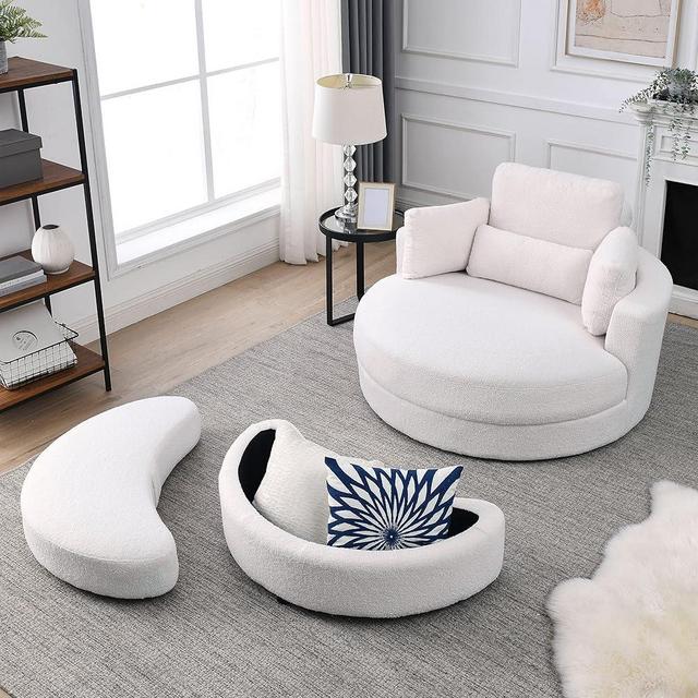 DEINPPA Modern Accent Barrel Sofa Swivel Barrel Chair with Storage Ottoman, Sofa Club Lounge,Sherpa Fabric Round Chair with 3 Pillows Soft Cushions for Living Room (White+Sherpa Fabric+Sponge)