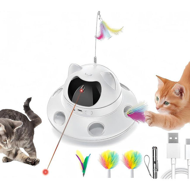 3-in-1 Cat Laser Toy & Interactive Automatic Motion-Activated Kitten Toy – 6 Holes Whack-A-Mole Feather & Moving Ambush Fun – USB Rechargeable, Apply to – Indoor Exercise for Cats of All Breeds