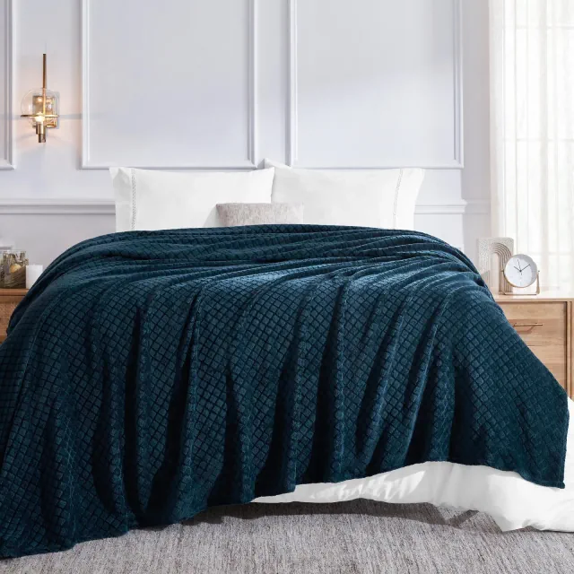 Plush Textured Quilted Diamond Fleece Blanket, King, Navy Blue - Blue Nile Mills