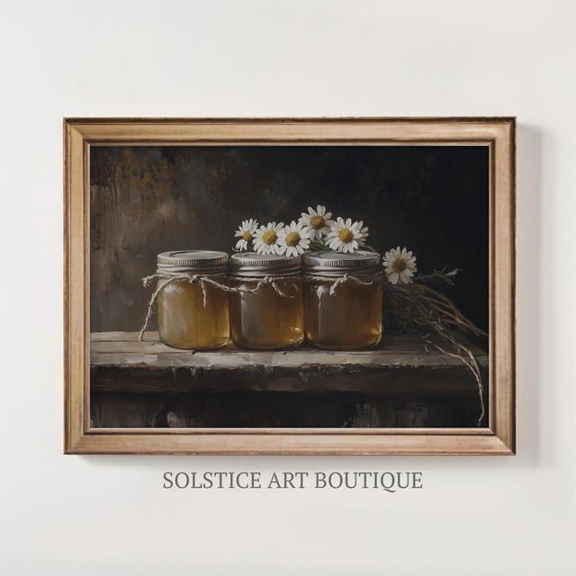 Vintage Moody Kitchen Art Print | Vintage Honey Jars Oil Painting | Honey Still Life | Cottagecore | Solstice Art Boutique