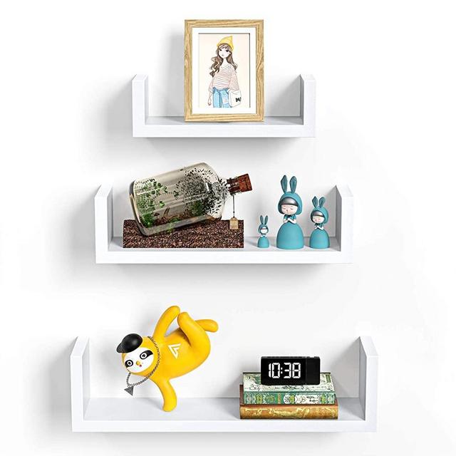 Amada Wall Mounted U-Shaped Floating Shelves Set of 3 - Display Shelf for Living Room, Storage Shelves for Bathroom, Kitchen and Bedroom - White