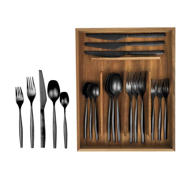 Bloomhouse 20 Piece Stone Washed Black Flatware 18/10 Stainless Steel Silverware Cutlery Utensil Set With Acacia Wood Caddy - Service for 4