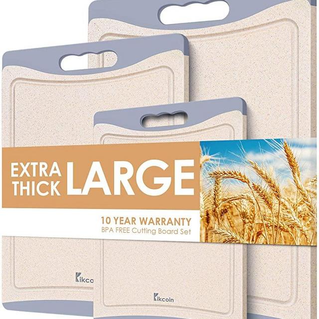Kikcoin Extra Large Cutting Boards, Wheat Straw Plastic Cutting Board for Kitchen Dishwasher Safe Non Slip Chopping Board Set of 3 with Juice Grooves, Easy Grip Handle, Light Brown