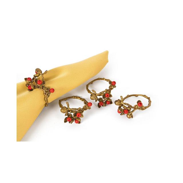 Manor Luxe Holly Berry Holiday Painted Brass Metal with Resin Berry Napkin Rings, Set of 4