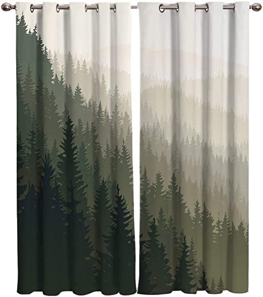 Edwiinsa Forest Kitchen Blackout Curtains Window Drapes Treatment, 2 Panels Set for Kitchen Cafe Office, Northern World with Coniferous Trees Scandinavian Woodland, 55W x 39L inch